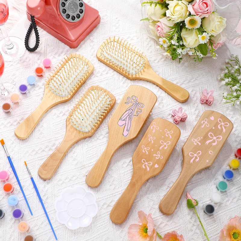 Meanplan 6 Set DIY Wooden Hairbrush Painting Kits Make Your Own Hair Brush Girls Hand-Painted Hairbrush Night Party Supplies with Paint Brush and Palette for DIY Gift Party Crafts