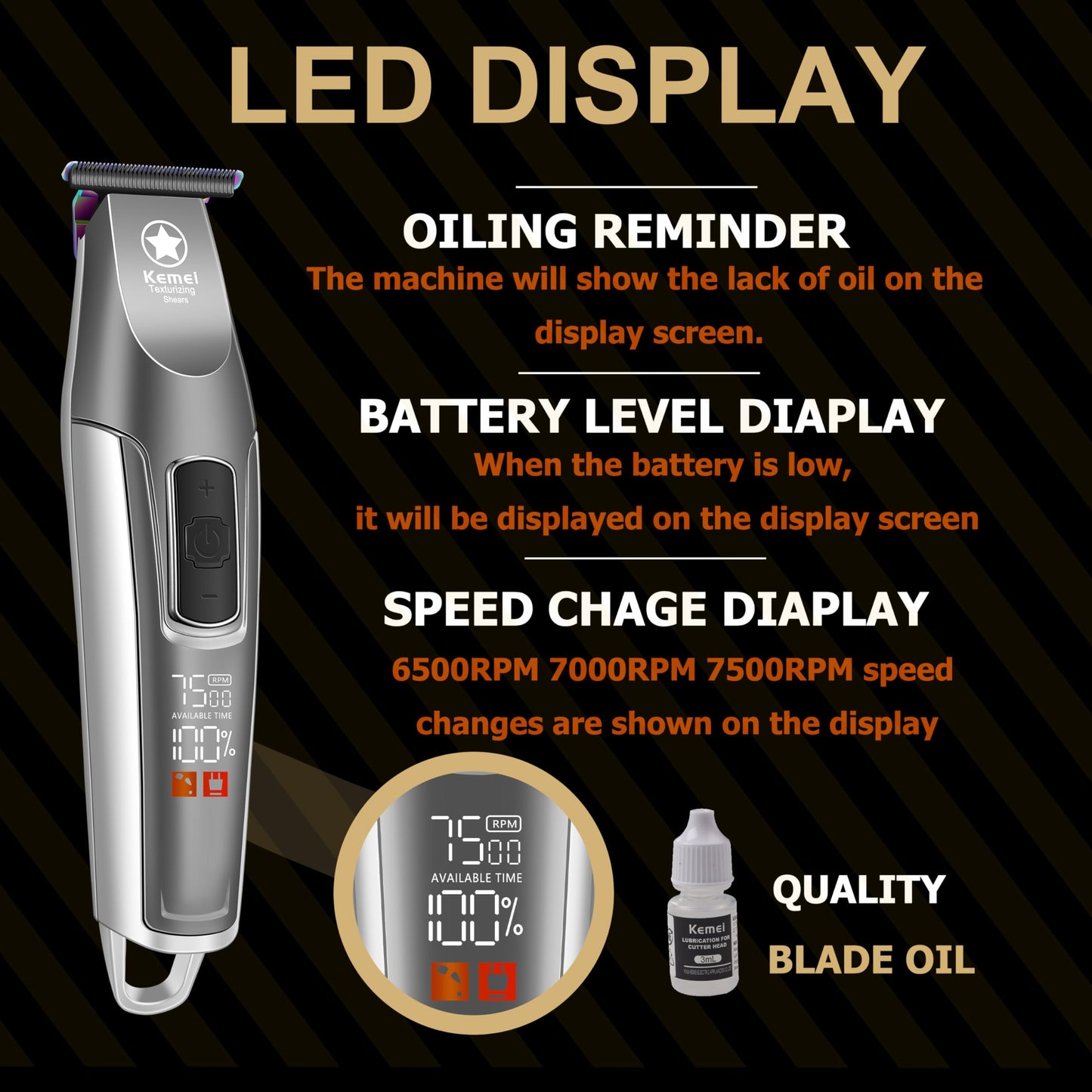 KEMEI Hair Trimmer for Men, Professional Hair Clippers Cordless Zero Gapped Trimmer with LCD Display Trimmers for Barbers with T Blade Beard Trimmers 3 Adjustable Speeds KM-1919 Gray