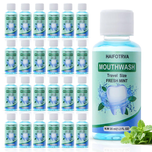 HAIFOTRVA 50 Pcs Mini Mouthwash Travel Size Bulk,Blue Portable Mint Flavor Mini Mouthwash Individual 35ml/1.2oz On the Go Mouth Wash Small Bottle for Travel,Office,Toiletry Kits