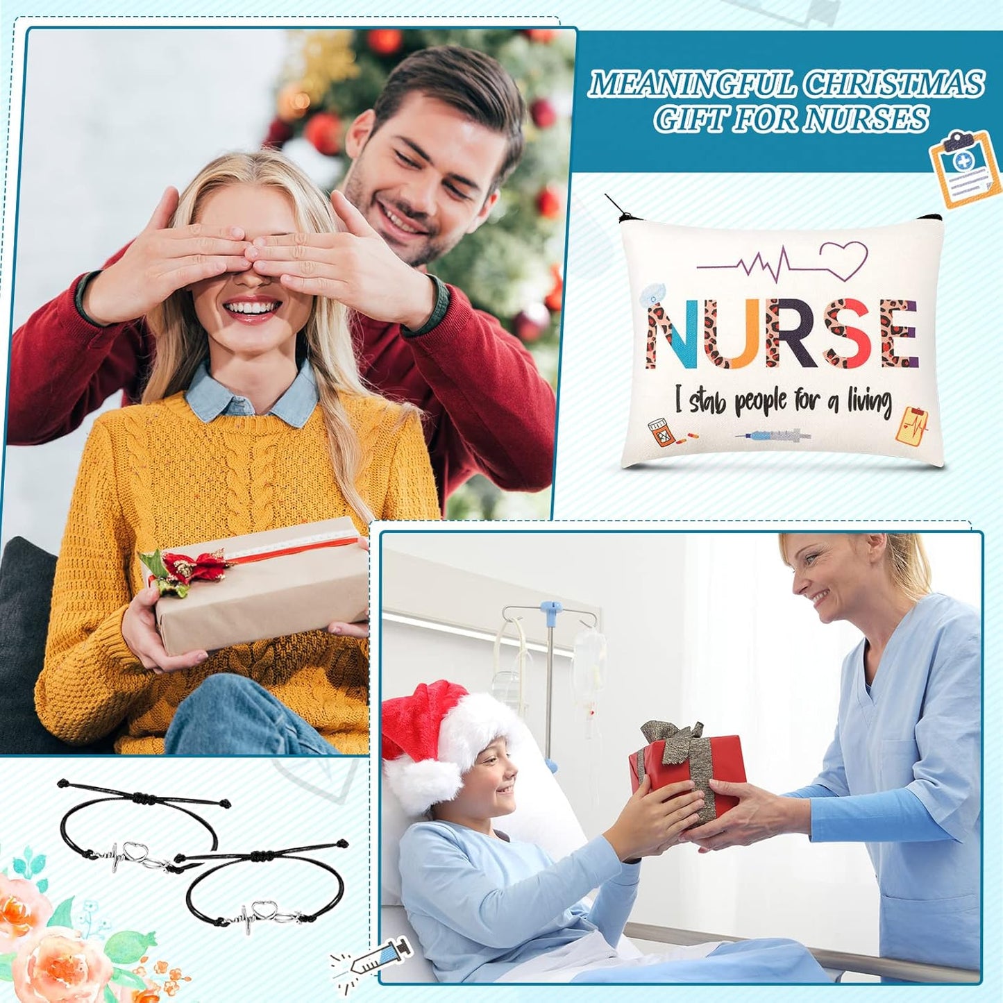 Nurse Appreciation Gift Set - 32 Pcs Canvas Makeup Bags & Blessing Card Bracelets | Perfect for Nurse Week & Christmas
