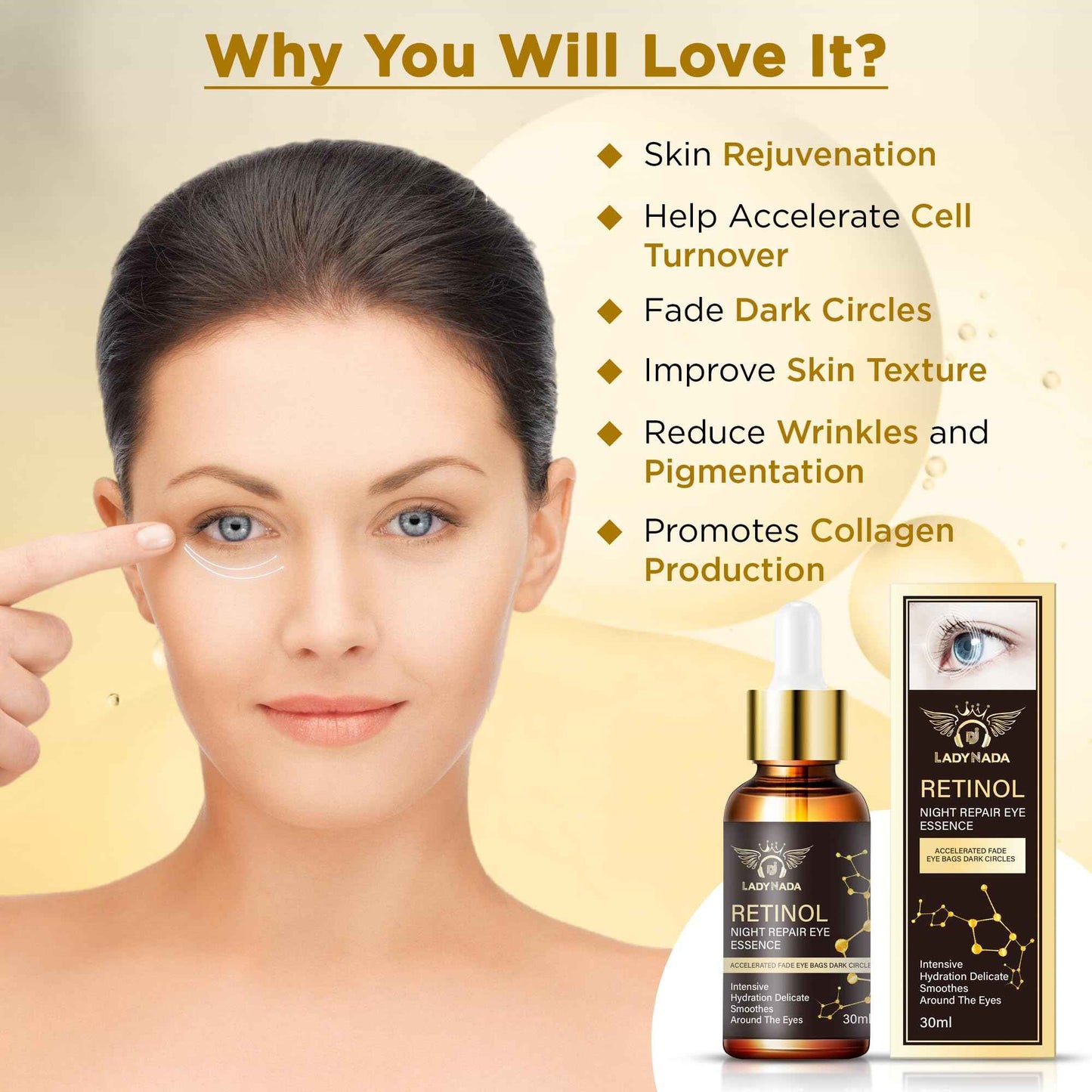 LADY NADA Retinol Eye Serum – Anti-Aging Night Treatment with Collagen, Vitamin E & Natural Extracts – Smooths Fine Lines, Deeply Hydrates, Long-Lasting Effect – For All Skin Types – 1.0 fl oz