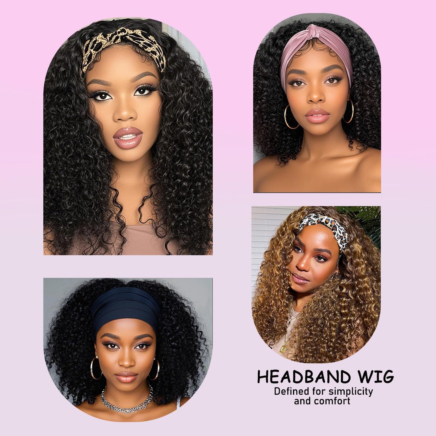 CUUYUN Kinky Curly Headband Wig Human Hair Curly Headband Wigs for Black Women 12 Inch None Lace Front Wigs Machine Made Wigs Glueless Brazilian Curly Human Hair Wig