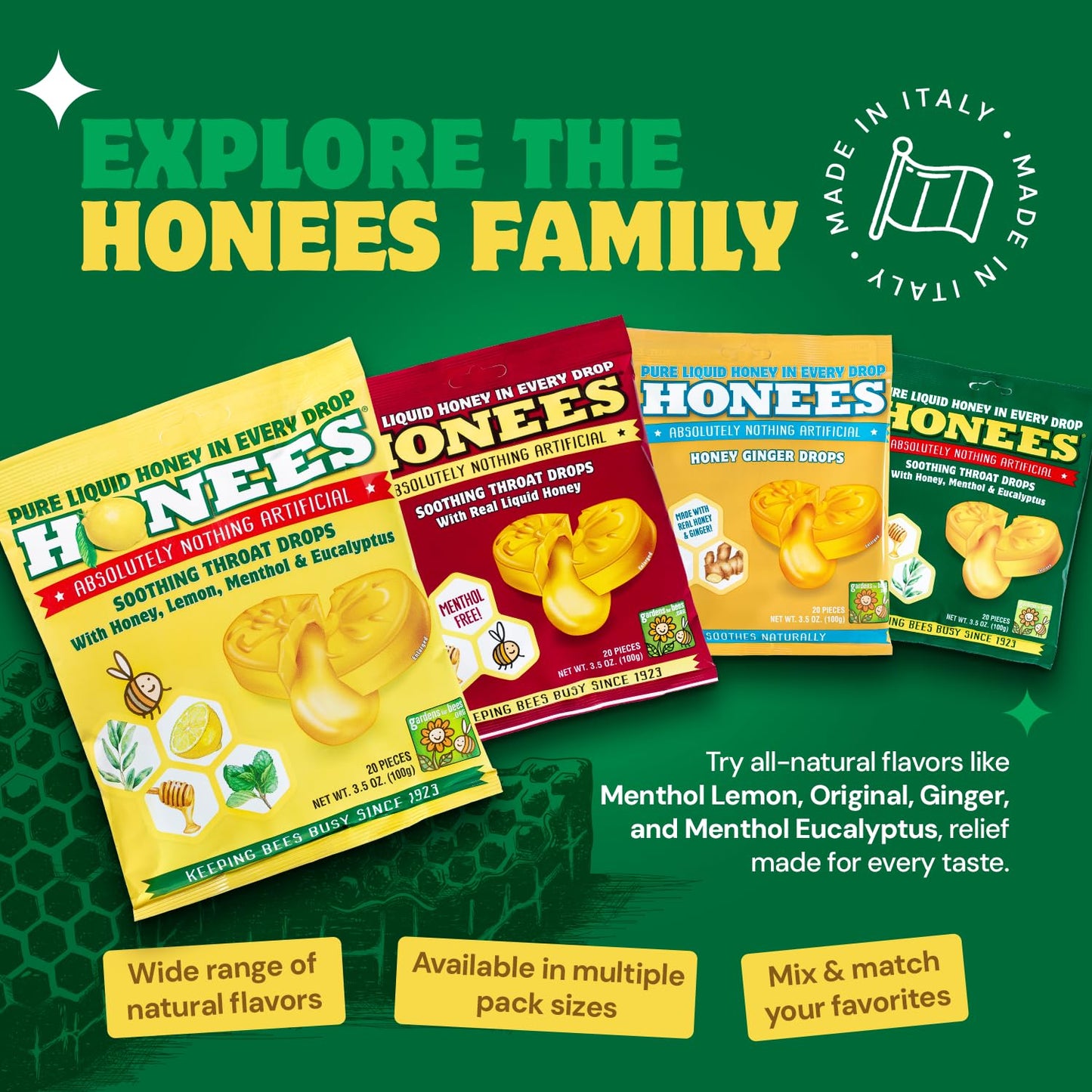 Honees Filled Honey Lemon Cough Drops- Filled with Honey, Menthol, Lemon and Eucalyptus - Nothing Artificial -Natural Sore Throat Lozenges- Non-GMO (1 Pack – 20 Drops)
