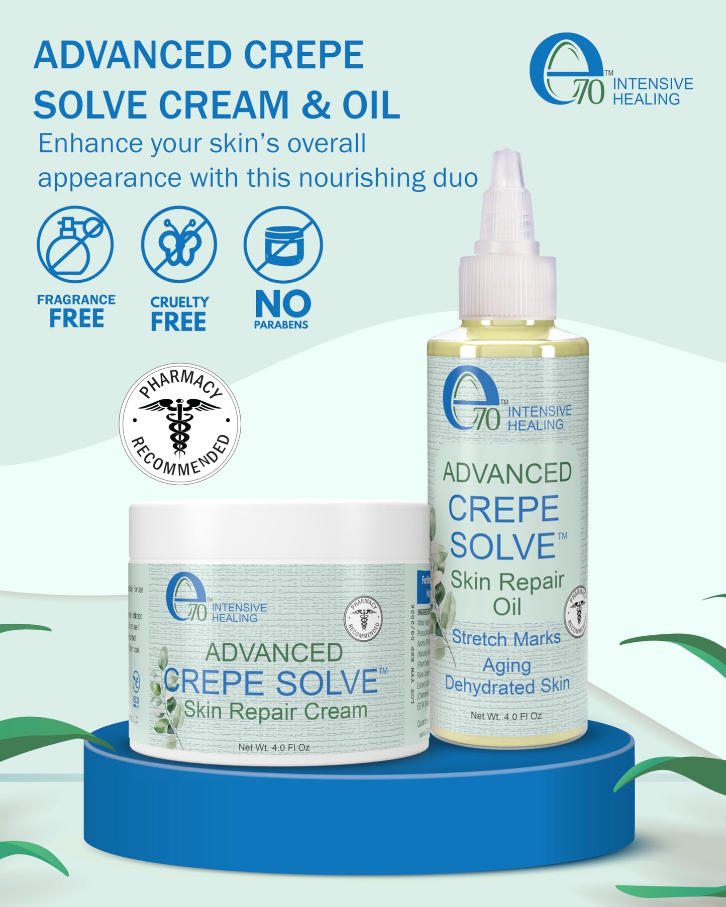 e70 Crepe Skin Erase Cream & Firming Oil Set (2 Pk, 4 Fl Oz each) - with Natural Oils, Licorice Root & Chamomile Extract - Crepey Skin Tightening and Firming Body Cream & Oil, Made in USA