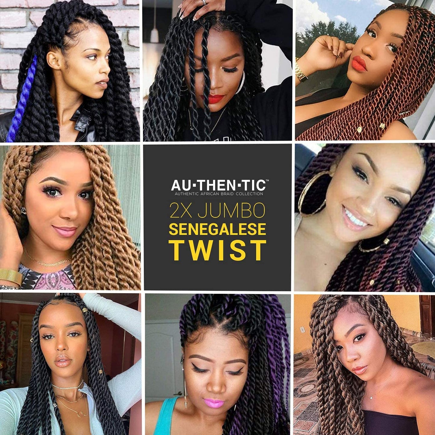 AU-THEN-TIC Jumbo Senegalese Twist Crochet Hair, 24 Inch, 6 Pack, Synthetic Extensions for Havana and Mambo Twist Styles, (1B, Off Black)