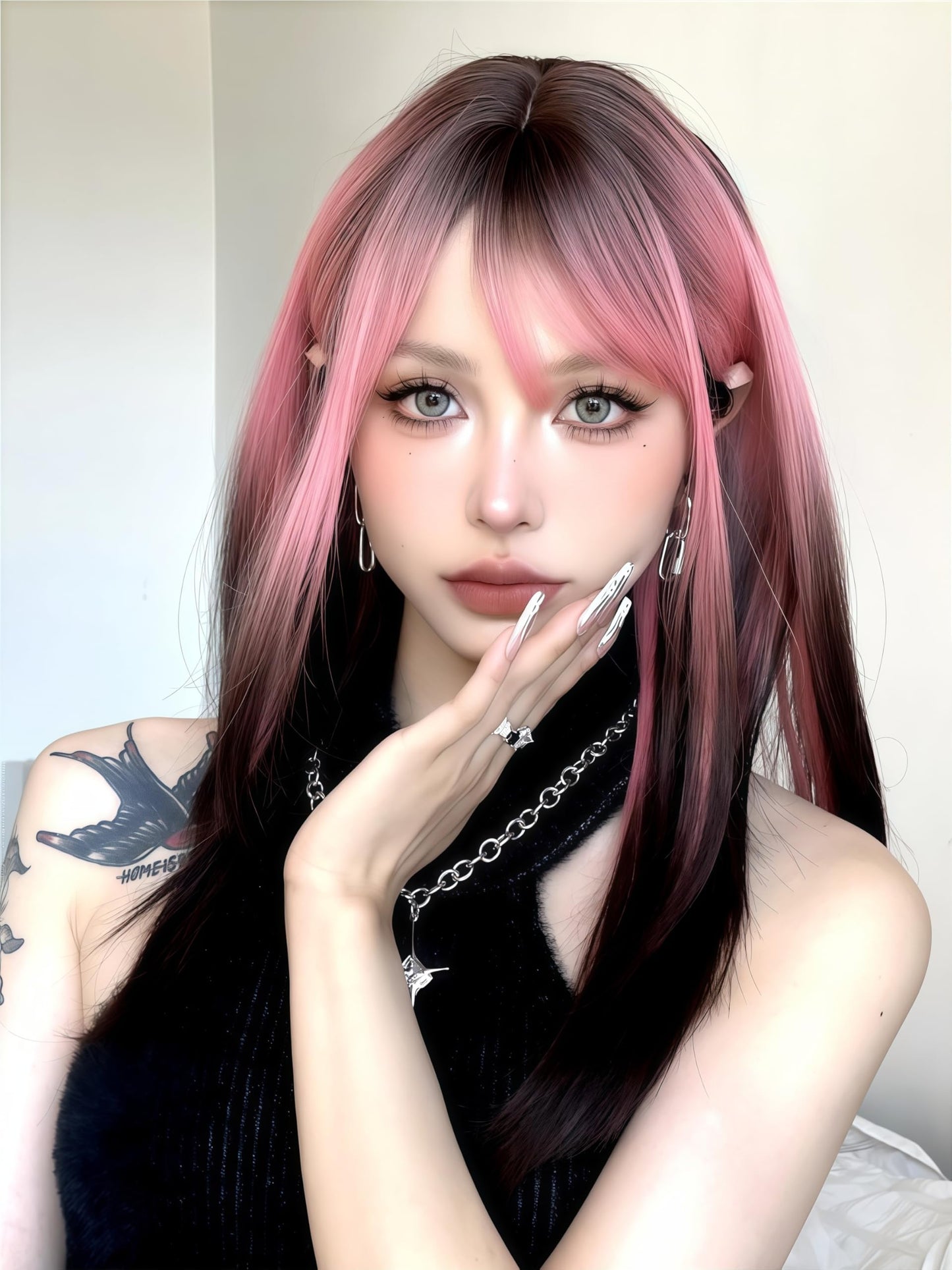 Aadesso Half-Pink Half-Black Long Straight Wig 65cm Blunt Bangs Daily Synthetic Hair for Women East Asian Fashion K-pop Style Two-Tone Heat Resistant wig cap (25.6 Inch)