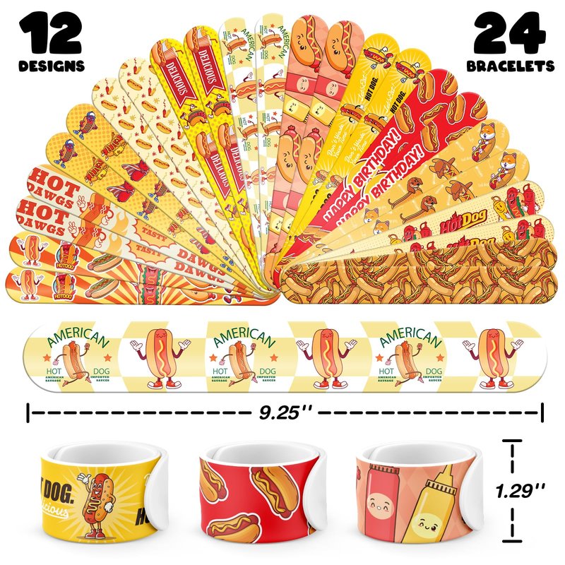 BOIKOKY 96 PCS Hot Dog Party Favors Set – 72 Pre-Cut Temporary Tattoos & 24 Slap Bracelets for Kids, Perfect for Food-Themed Birthday Parties, BBQ Celebrations & Classroom Rewards