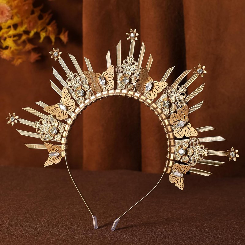 Butterfly Halo Crown Headpiece - Sunburst Gold Spiked Virgin Mary Design | Elegant Festival & Wedding Accessory