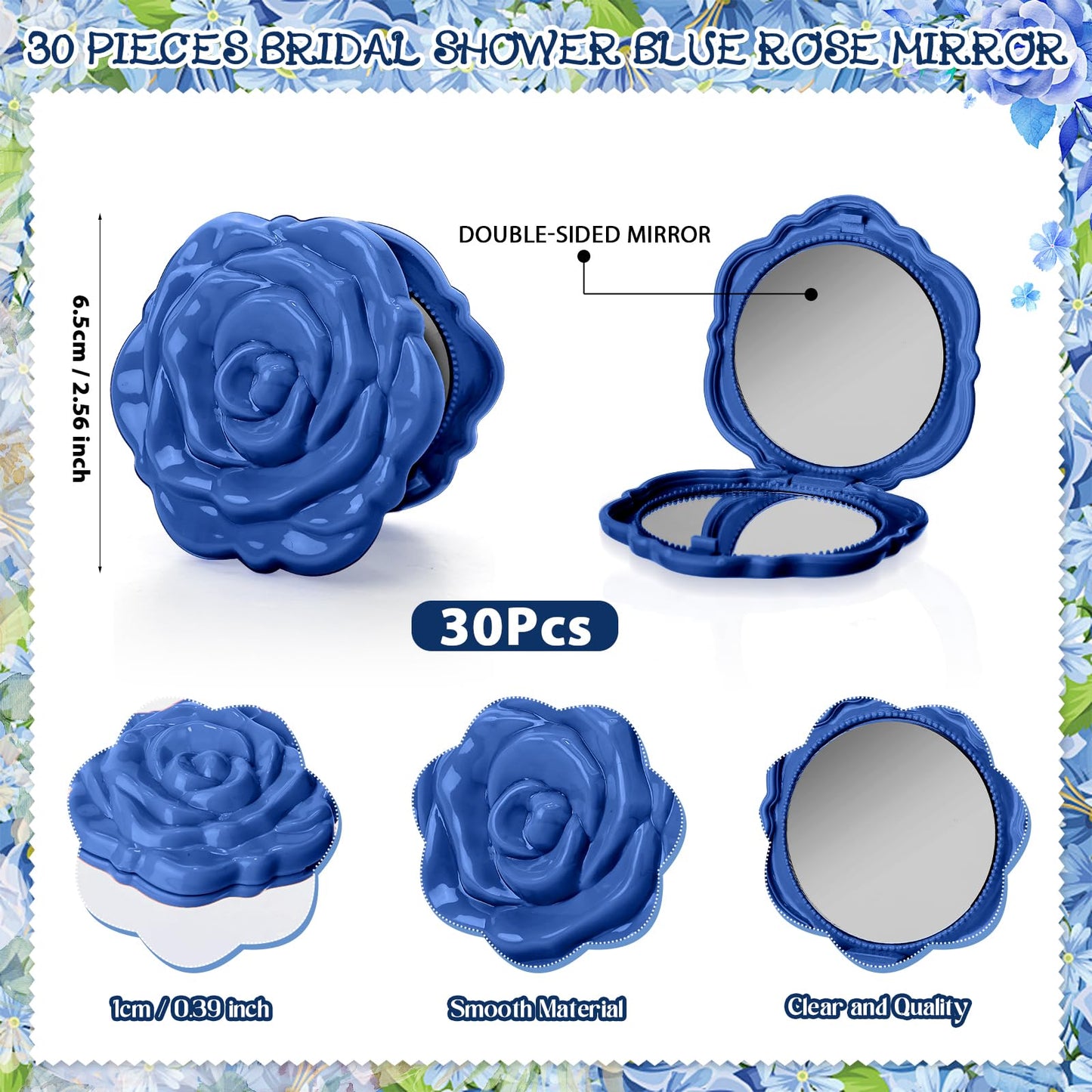 XunYee 30 Sets Rose Compact Mirror Bulk Bridal Shower Favors for Guests Mother's Day Souvenir Gifts Hair Ties Elastic Scrunchies, Thank You Card and Organza Bags for Wedding Quinceanera(Dusty Blue)