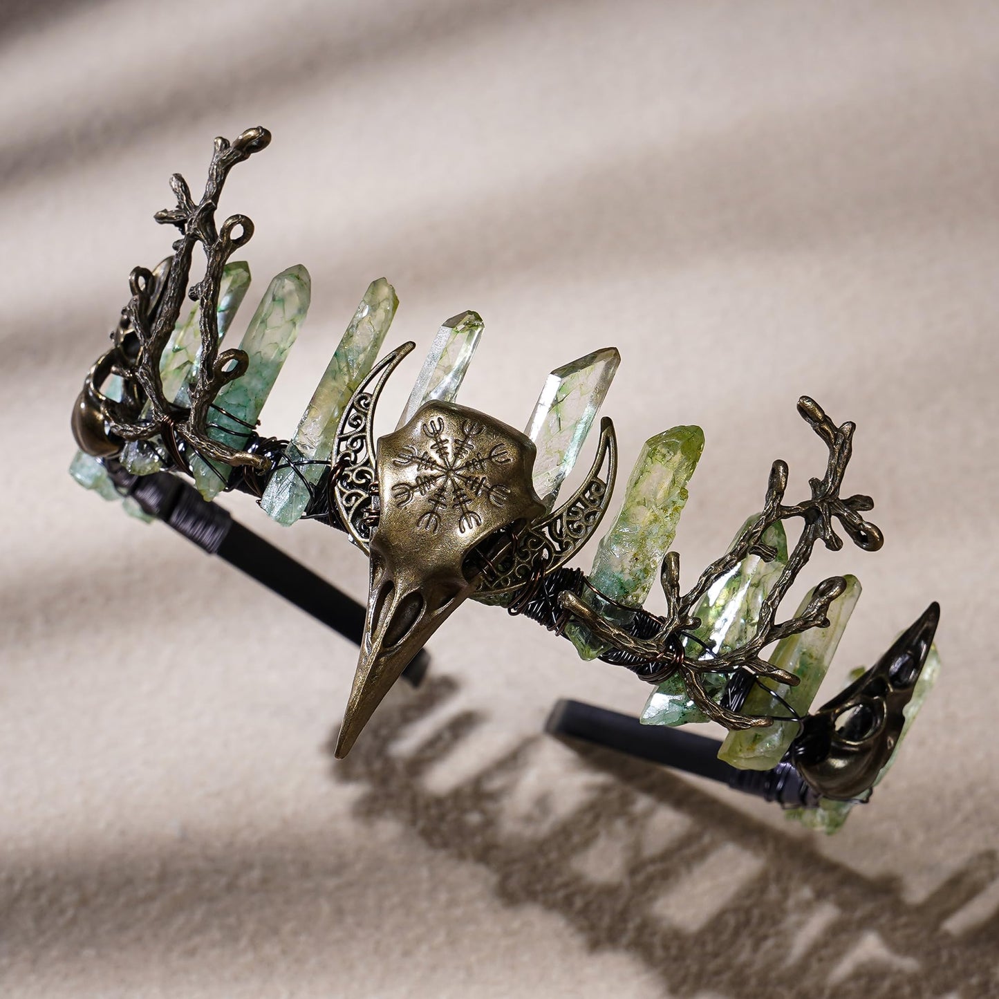 CoTeeZa Green Fairy Crystal Crown - Handmade Raw Quartz Tiara with Bronze Crow Branch Moon Elf Headpiece Fantasy Forest Witch Crown Wedding Renaissance Halloween Cosplay Woodland Headband