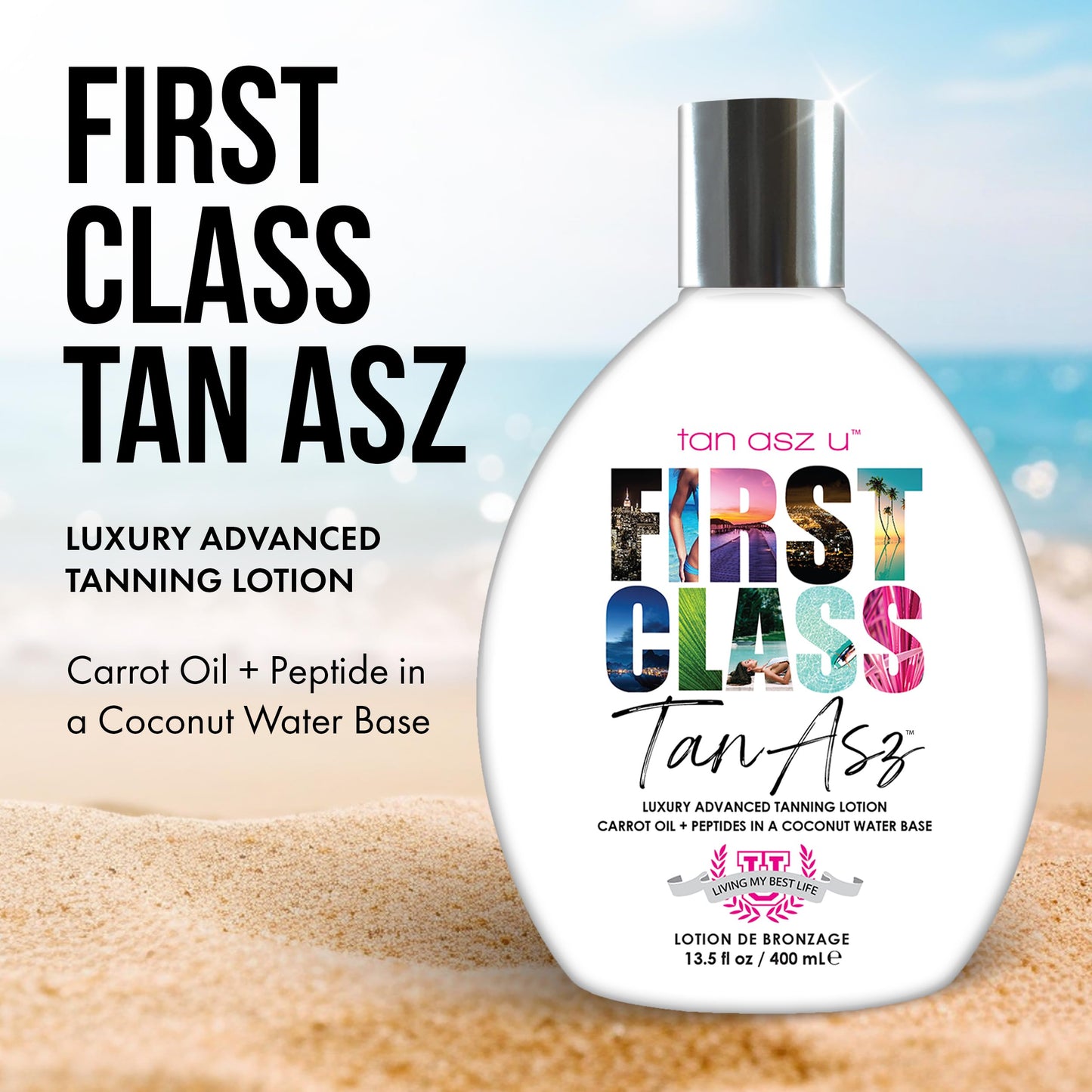 Tan Asz U First Class Tanning Lotion, Luxury Advanced Carrot Oil & Peptide Bronzing Blend in a Coconut Water Base with Inktuition Tattoo Complex, 13.5 Fl Oz