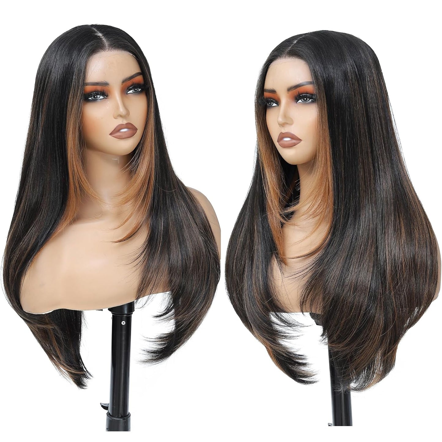 HD Synthetic Lace Front Wig for Black Women - 26-Inch Straight Layered Honey Blonde with Black Skunk Stripe