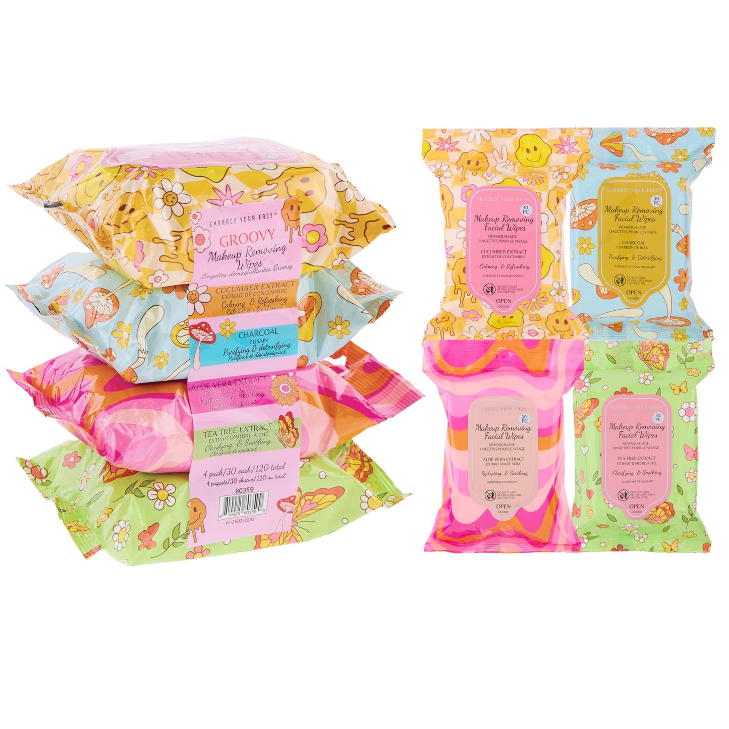 120pc Makeup Removal Wipes Variety Set | 4-Pack Groovy Botanical Makeup Remover Facial Cleansing Towelettes with Charcoal, Tea Tree, Cucumber, & Aloe Vera