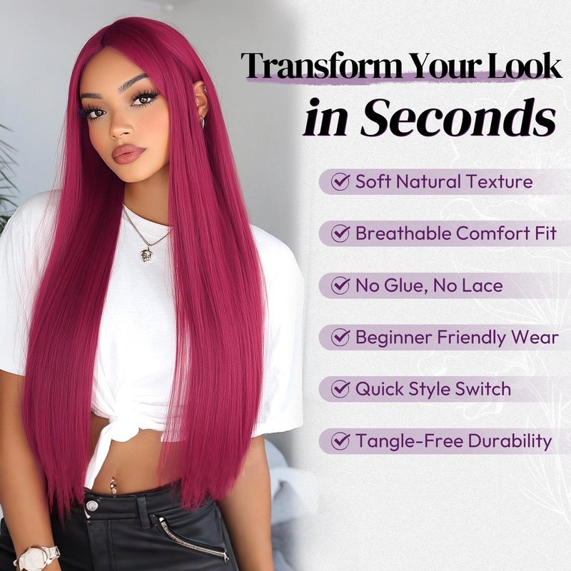 BARSDAR Long Straight Hot Pink Wig - Long Straight Middle Part Hot Pink Wigs for Women - 28 Inch Natural Looking Thick Soft Synthetic Daily Party Halloween Kpop Mira Costume Wig