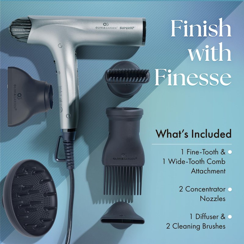 Olivia Garden 1875W SuperHP Professional Hair Dryer for All Hair Types - Quiet, Fast Drying Blow Dryer - Powerful Ionic Generator - 5 Attachments, Including 2 Comb and 1 Diffuser Attachments