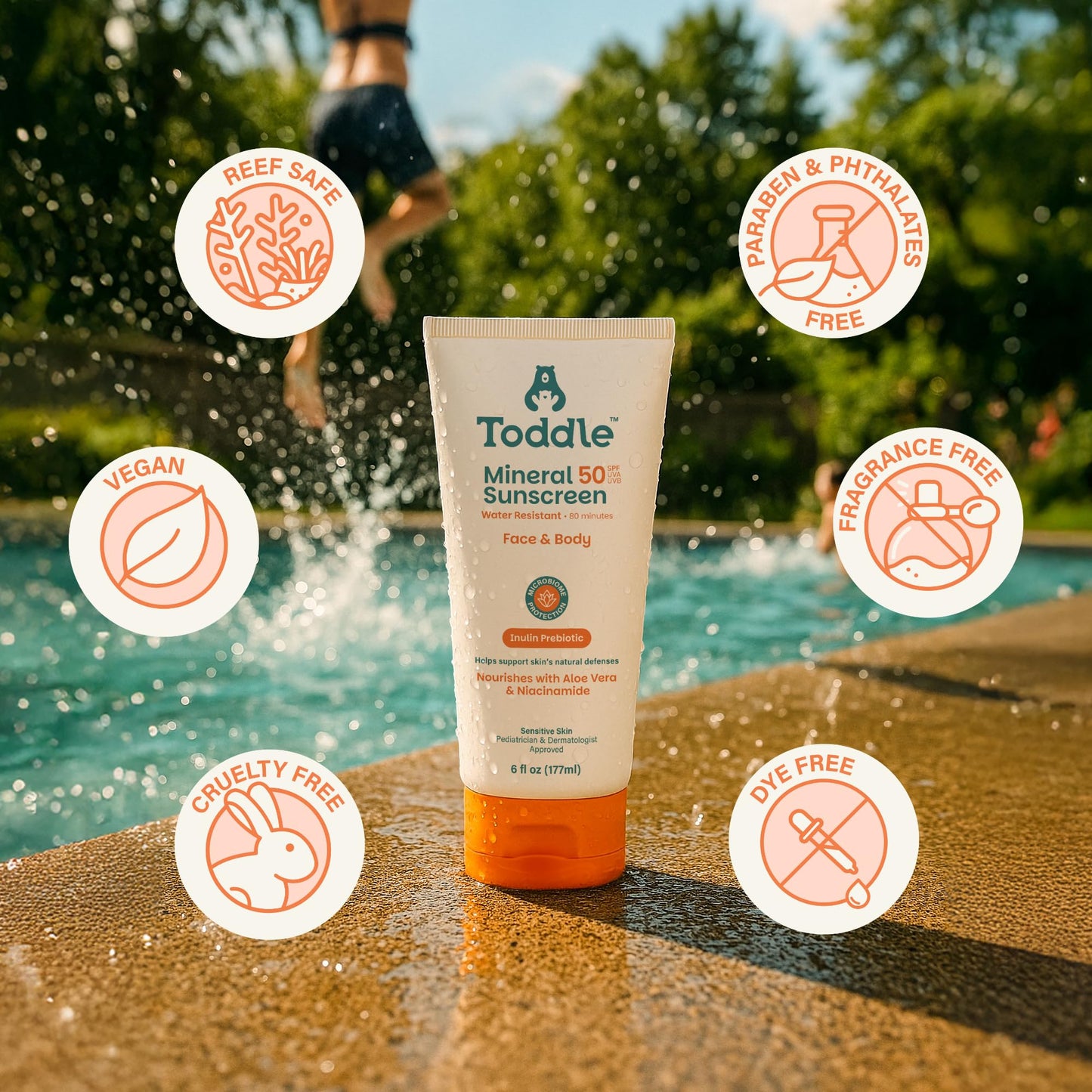Toddle Prebiotic Mineral Sunscreen SPF 50 for Kids & Baby, Face & Body Sun Protection, Reef Safe, Non-Toxic Zinc Oxide Broad Spectrum, Water-Resistant, No White Cast, 6oz