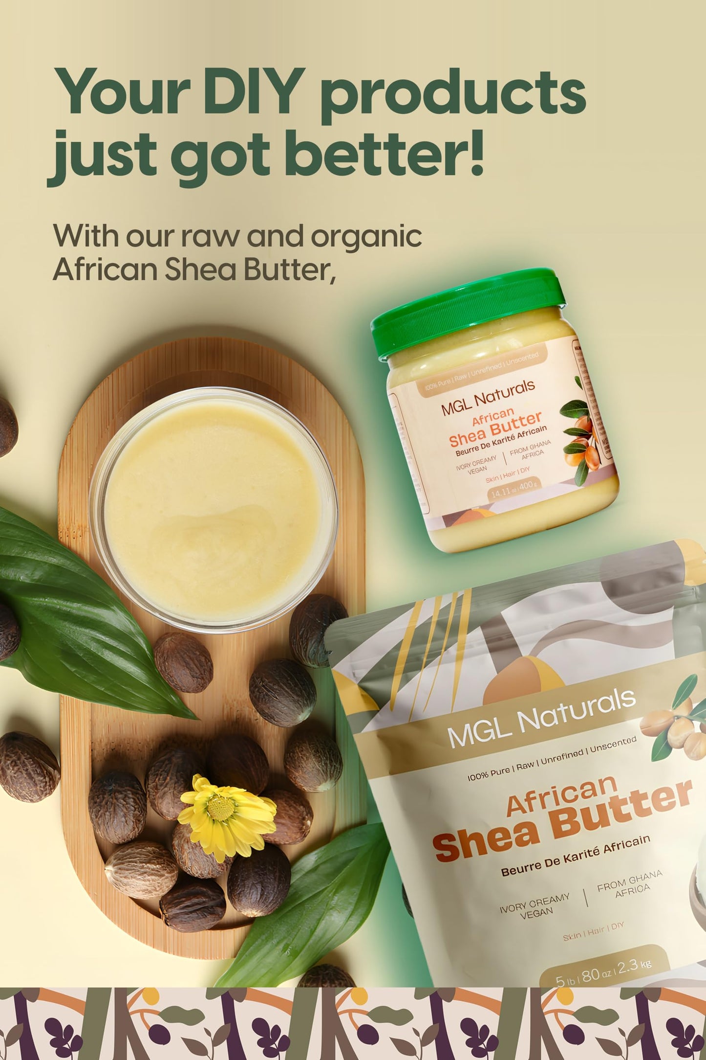MGL Naturals Raw African Shea Butter Ivory 2.2 lb, 100% Pure, and Unrefined. Nourish and moisturize hair and skin. Use alone or DIY recipes. From Ghana, West Africa. (2.2 lb | 1 kg | 35.3 oz)