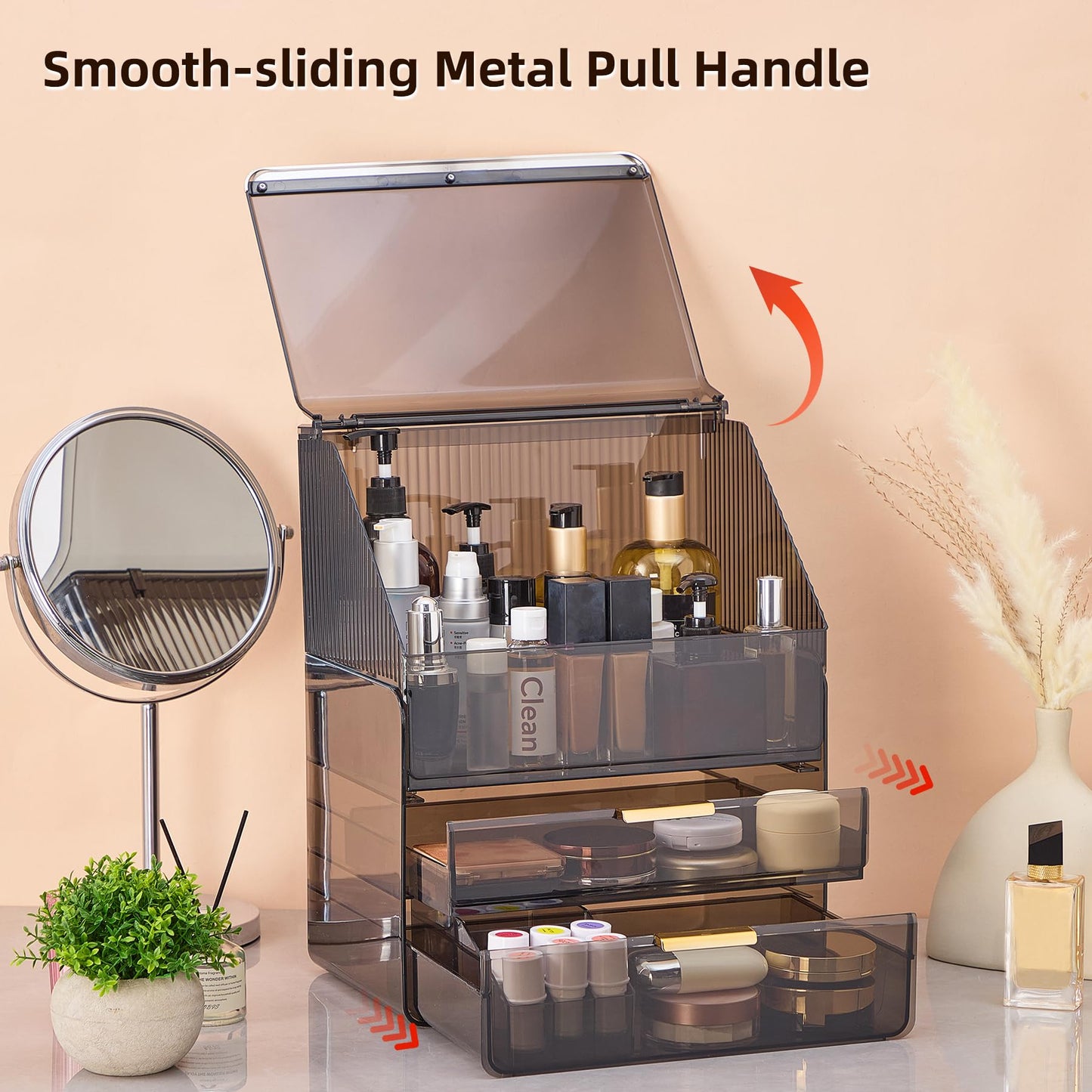 Large Cosmetic Organizer with Lipstick Holder Fully Transparent with Drawers, Dustproof Waterproof Bathroom Counter Storage for Skincare Lipstick Makeup Brushes(White)