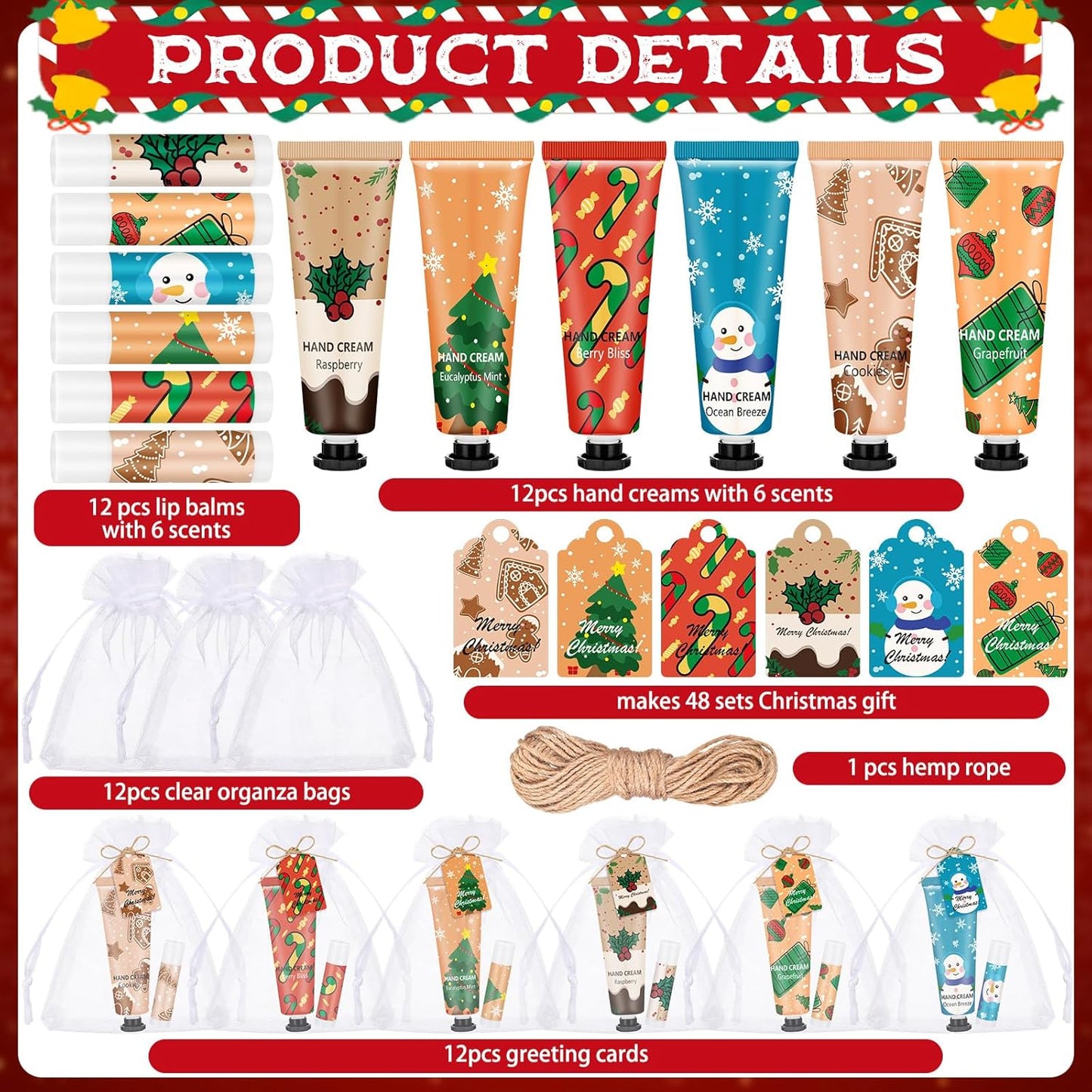 Christmas Hand Cream & Lip Balm Gift Set - 12 Sets, 48 Pcs | Travel Size, Mini Lotion for Dry Skin, Perfect Stocking Stuffers
