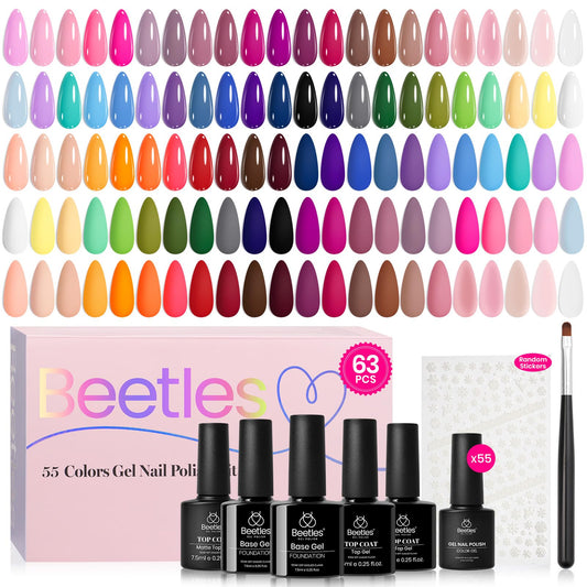 Beetles Gel Nail Polish Set, 63 PCS 55 Colors Gel Polish Kit with Base Coat, Glossy Matte Top Coat, Nail Art Stickers and Brush, Pink Red Blue Green Nude Soak Off UV LED for DIY Home Manicure