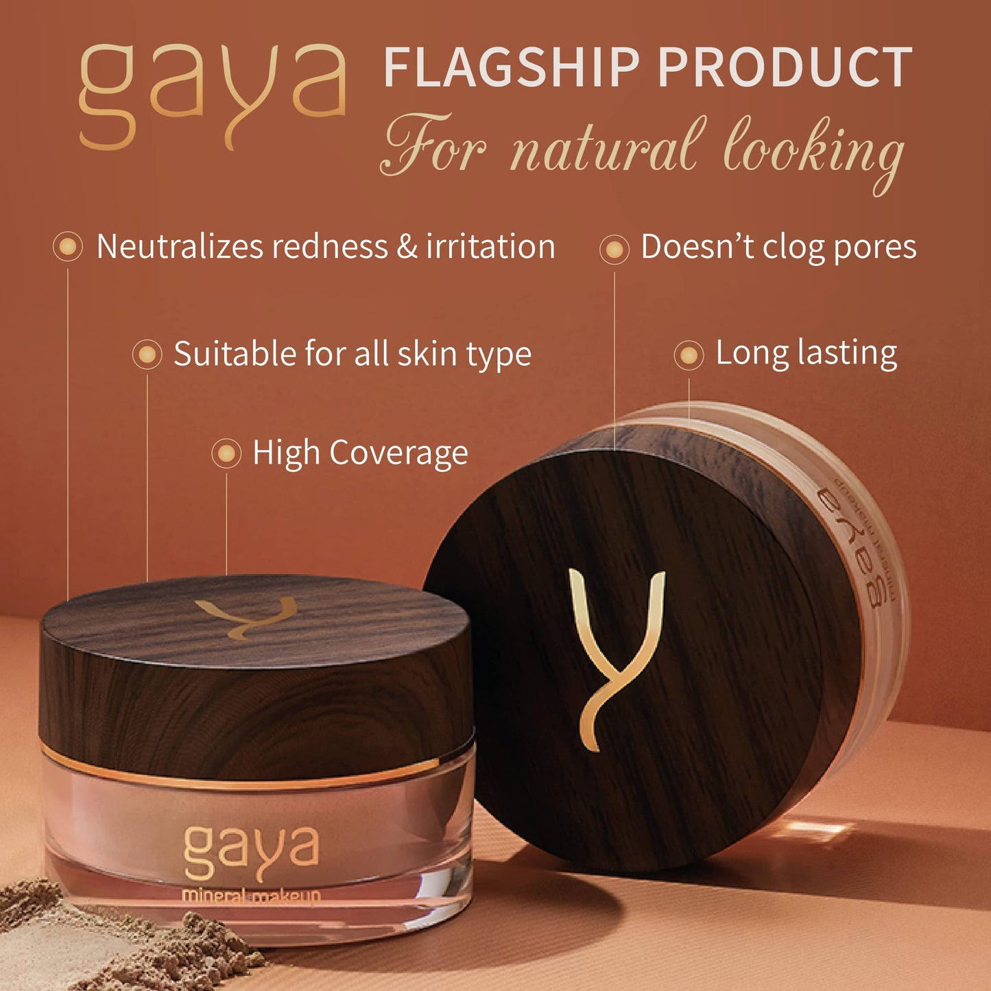 Vegan Mineral Powder Foundation Light to Full Coverage, Natural Foundation for Natural-Looking, Mica Mineral, Cruelty Free, No Chemicals by Gaya Cosmetics (MF3)