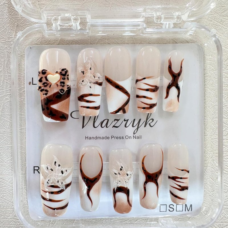 Handmade Press-On Nails - Long Square French False Nails with Charms | 3D Flower, Leopard & Star Designs, Size M
