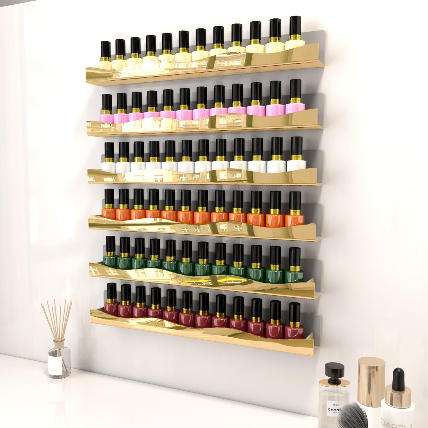 YMVV Mirror Silver Acrylic Nail Polish Rack, 15 Inch Wall Mounted Shelf Nail Polish Shelf, Sunglasses Essential Oil Storage Rack Display Rack 6 Pack