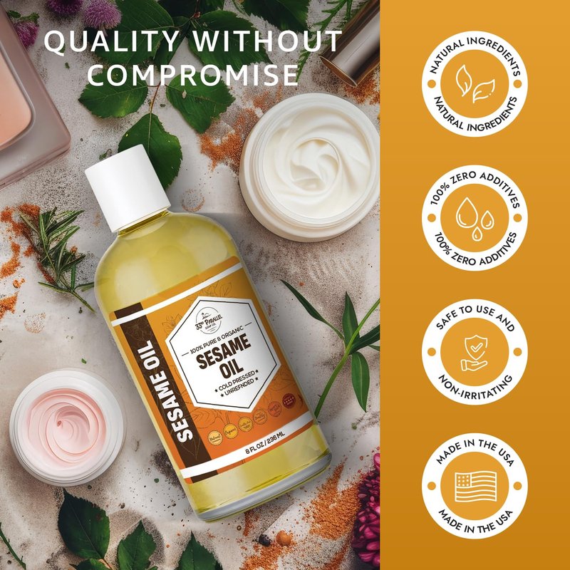 ORGANIC SESAME OIL (32 oz) Premium Cold Pressed Unrefined | 100% Pure Sesame Oil for Skin, Face, Hair, Soap Making | Carrier for Essential Oils | Available in Bulk | 32 FL OZ