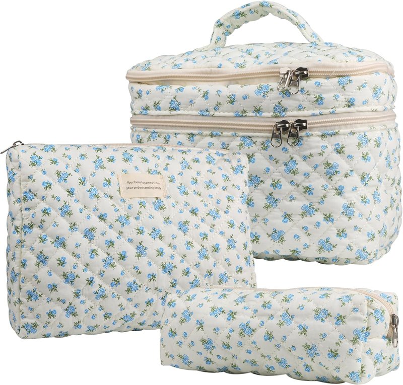 Quilted Floral Makeup Bag Set for Women - Dual Layer Travel Cosmetic Organizer | Blue Rose (3 Pcs)