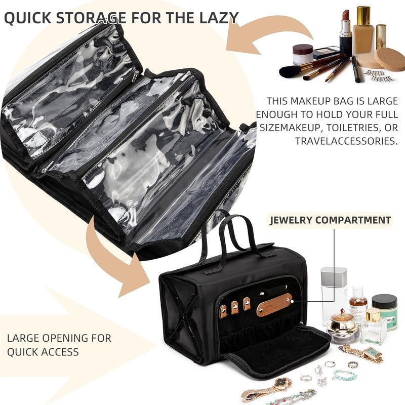 ROYALFAIR Roll Up Makeup Bag, Waterproof Toiletry Bag for Women, Hanging Travel Organizer bags with Jewelry Organizer Compartment, Extra Large 4 Clear TSA Approved Pouches Cosmetic Makeup (black)