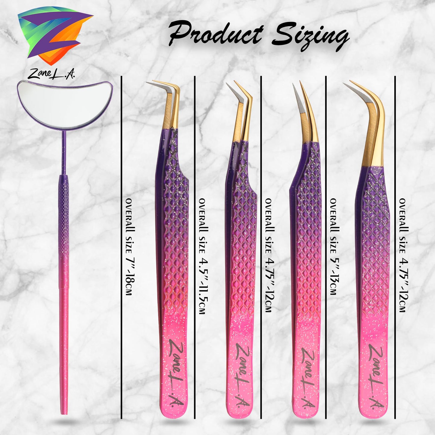 Zane L.A. Nano Fiber Tip Professional Eyelash Extension Tweezers, a pack of 4, Quality tweezers made with Japanese Stainless Steel, includes Stylish Half Moon Mirror. (Multi-Color)