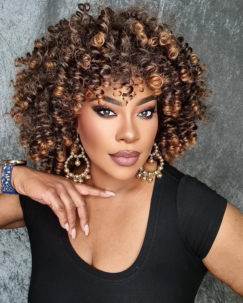 PORSMEER 14inch Black/Brown Curly Wigs for Women,Short Kinky Afro Curly Wigs with Bangs Natural Soft Bouncy Fluffy Heat Resistant Synthetic Hair Wig 70s for Daily or Party