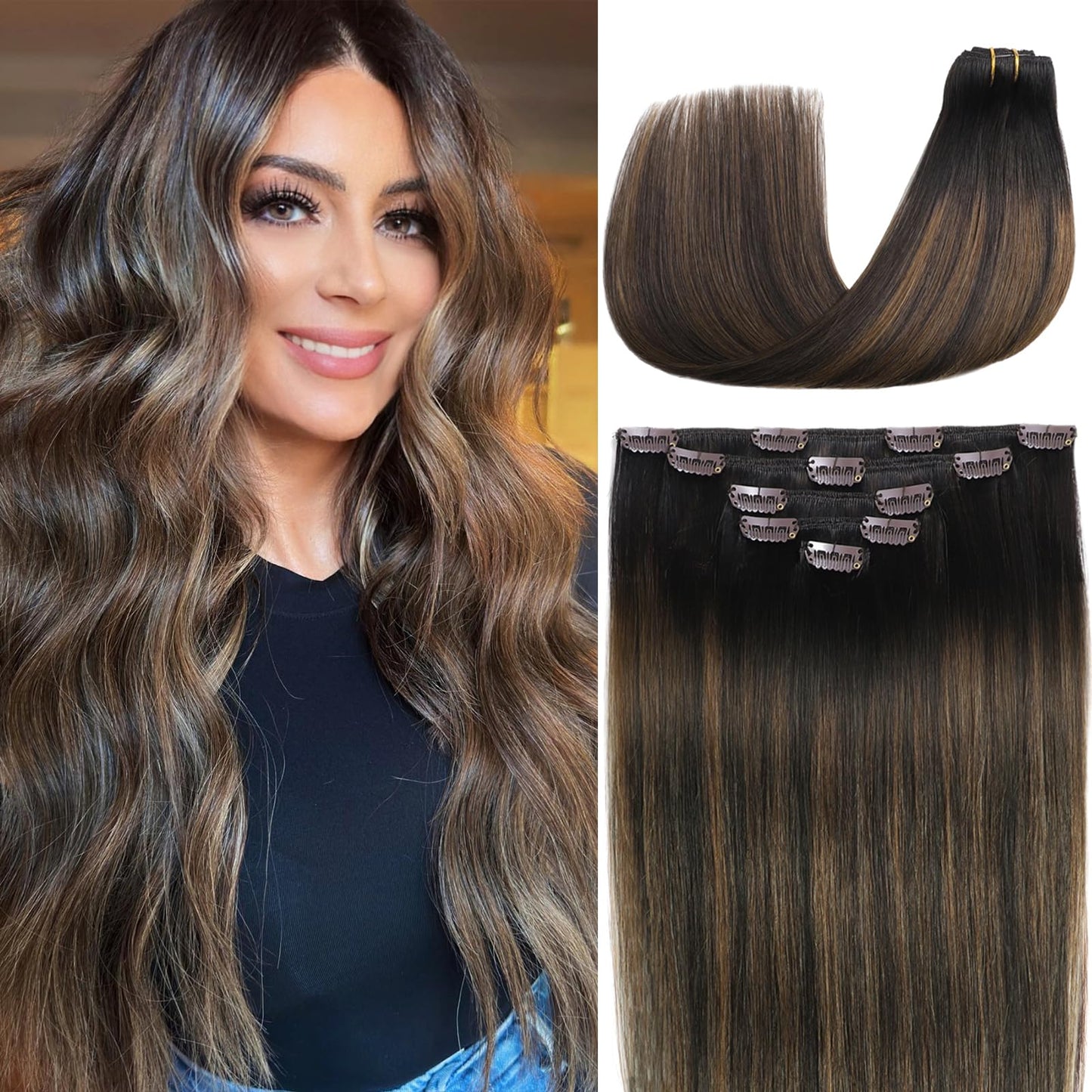 Hair Extensions Real Human Hair Balayage Clip in Hair Extensions Remy Human Hair Dark Brown to Chestnut Brown 18 Inch Straight Hair Extension Clip ins 80g/5pcs Double Weft