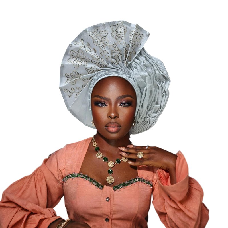 Shalitong Nigerian Women's hat Folding Fan African Headscarf hat,African Headpiece Auto Gel Headwear,Suitable for Weddings Parties (White)