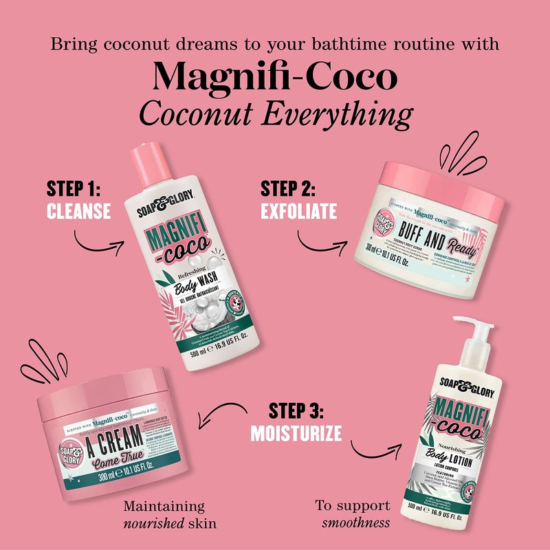 Soap & Glory Magnificoco Buff and Ready Coconut Body Scrub - Smoothing & Buffing Body Scrub - Coconut Scented Body Polish - Brightening with Green Tea Extract (300ml)