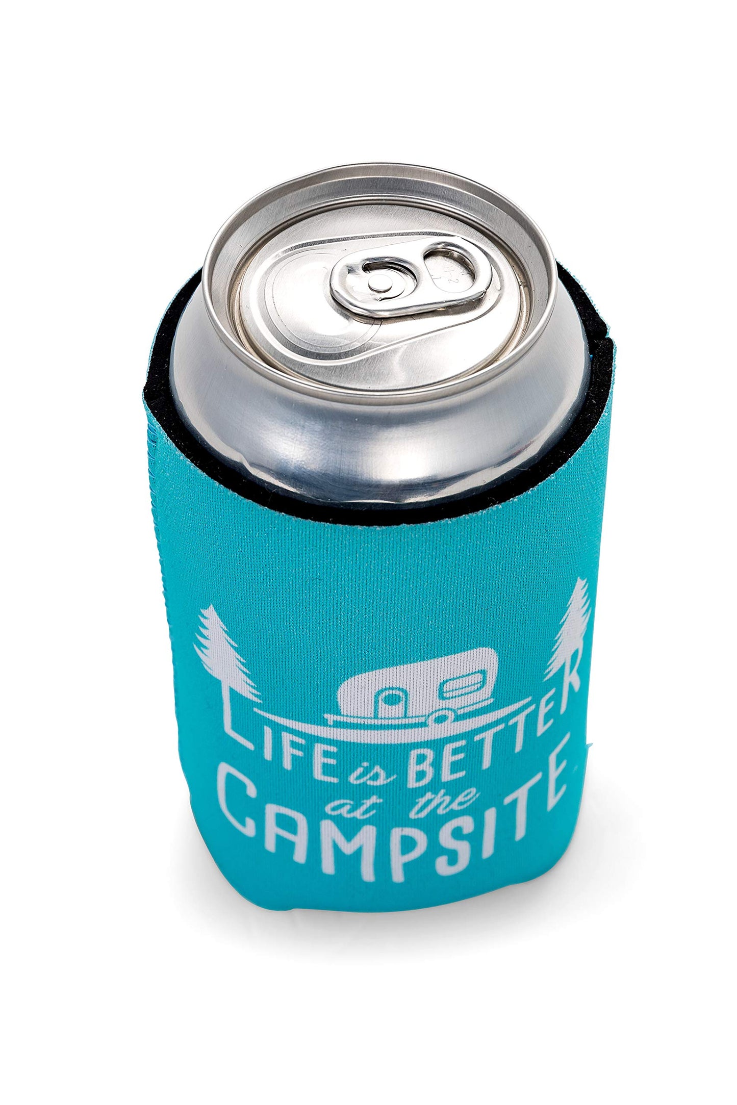 Camco Life is Better at The Campsite Can Sleeve – Neoprene Soda or Beer Can Coolie, Fits 12 oz. Cans, Teal Blue and White Retro Camper Theme – (53249)