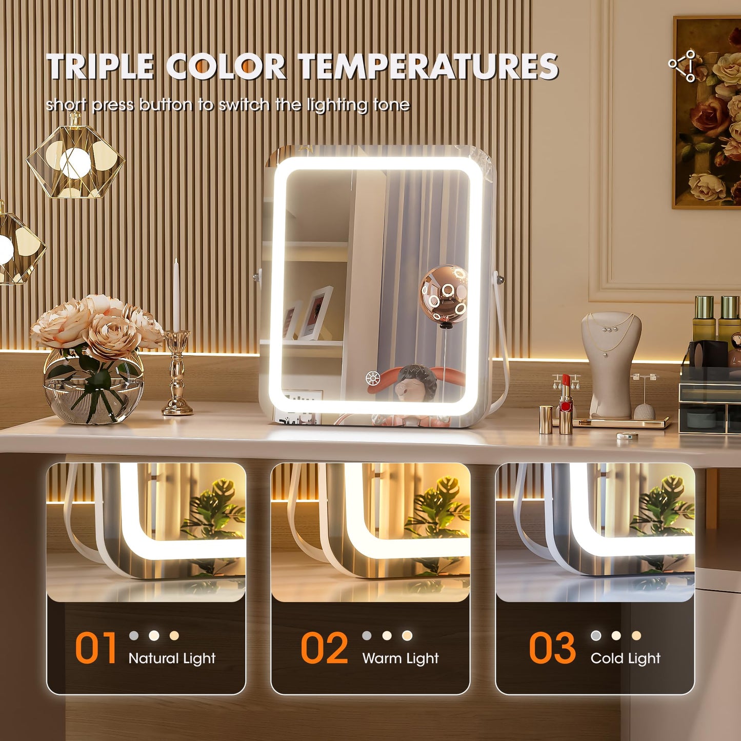 Hasipu Vanity Mirror with Lights, 14" x 11" LED Makeup Mirror, 3 Modes Light, Smart Touch Control Dimmable, 360°Rotation, Rectangle White Frame, with 5X Magnifying Glass