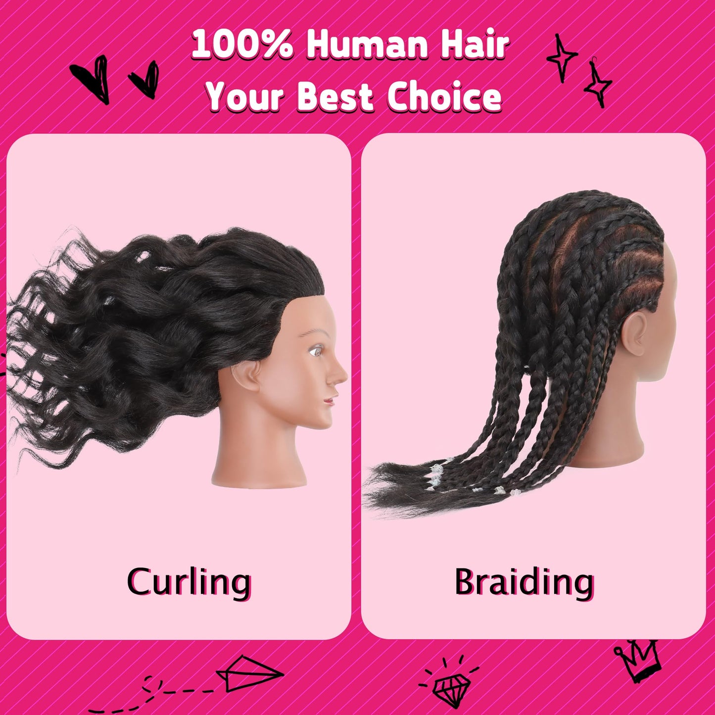 Mannequin Head with Human Hair 16" Cosmetology Manikin Doll Head 100% Real Human Hair for Styling Hairdresser Practice Braiding with Tripod Set