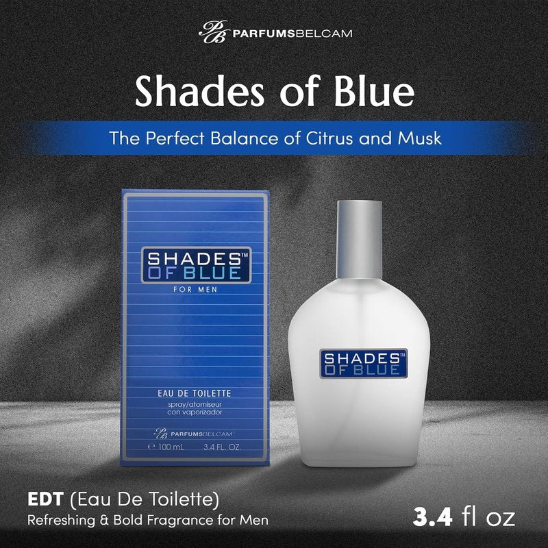 PB ParfumsBelcam Shades of Blue Eau de Toilette Spray for Men – Fresh Citrus Woody Cologne with Mandarin, Warm Spices & Musk – Mediterranean-Style Men’s Fragrance, Affordable Everyday Scent, 3.4 Fl Oz