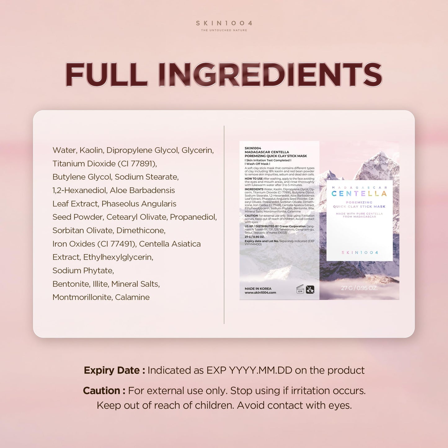 SKIN1004 [Hudson's Pick] Poremizing Quick Clay Stick Mask, Facial Clay Mask for Pores, Centella Clay Stick for Pore Minimizing, Pink Pore Mud Mask for Sebum Balance, Korean Skin Care, 0.95 oz / 27g