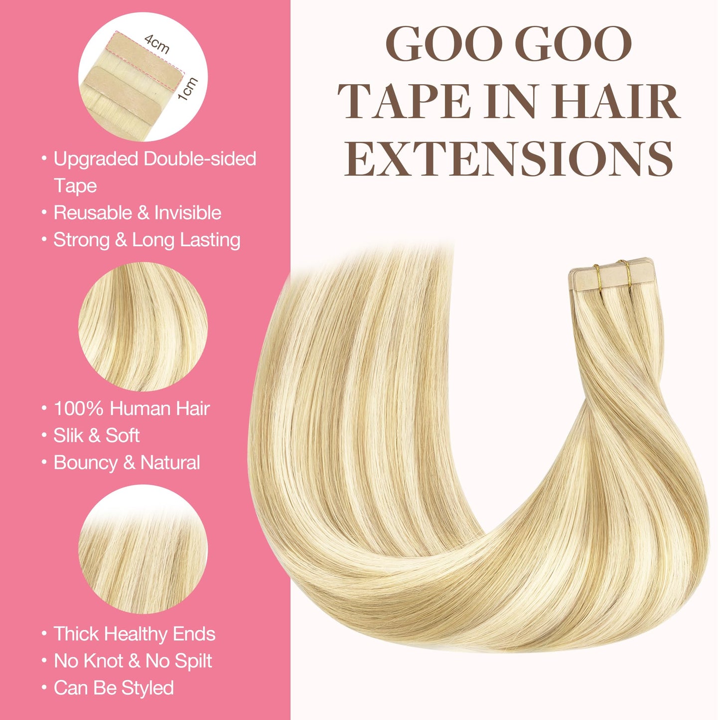GOO GOO Tape in Hair Extensions Human Hair, 18D/22F Dirty Blonde Highlights, 18inch 50g 20pcs, Skin Weft Seamless Invisible, Silky Straight with Thick Ends, Remy Human Hair
