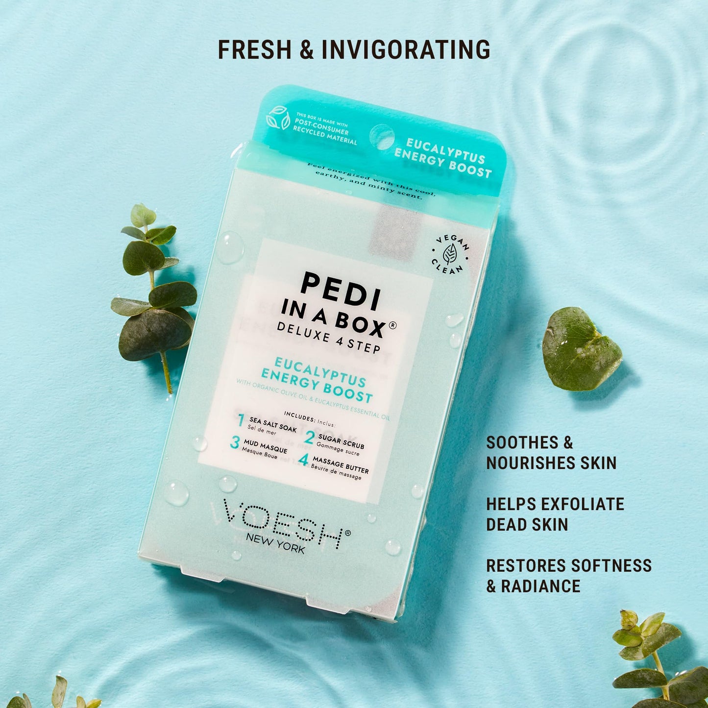 VOESH Pedi in a Box 4 Step Fresh Trio - 3 Pack of Ocean Refresh, Eucalyptus Energy Boost, & Cucumber Fresh Pedicure Set, DIY Pedi, Foot Spa
