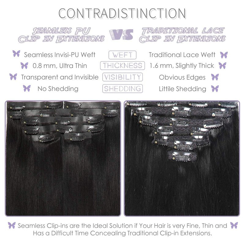 Lacer Hair 14 Inch 110g Seamless Hair Extensions Clip in Human Hair Dark Ash Blonde Mixed Platinum Blonde Invisible PU Skin Weft Straight Human Hair Highlight Color For Women