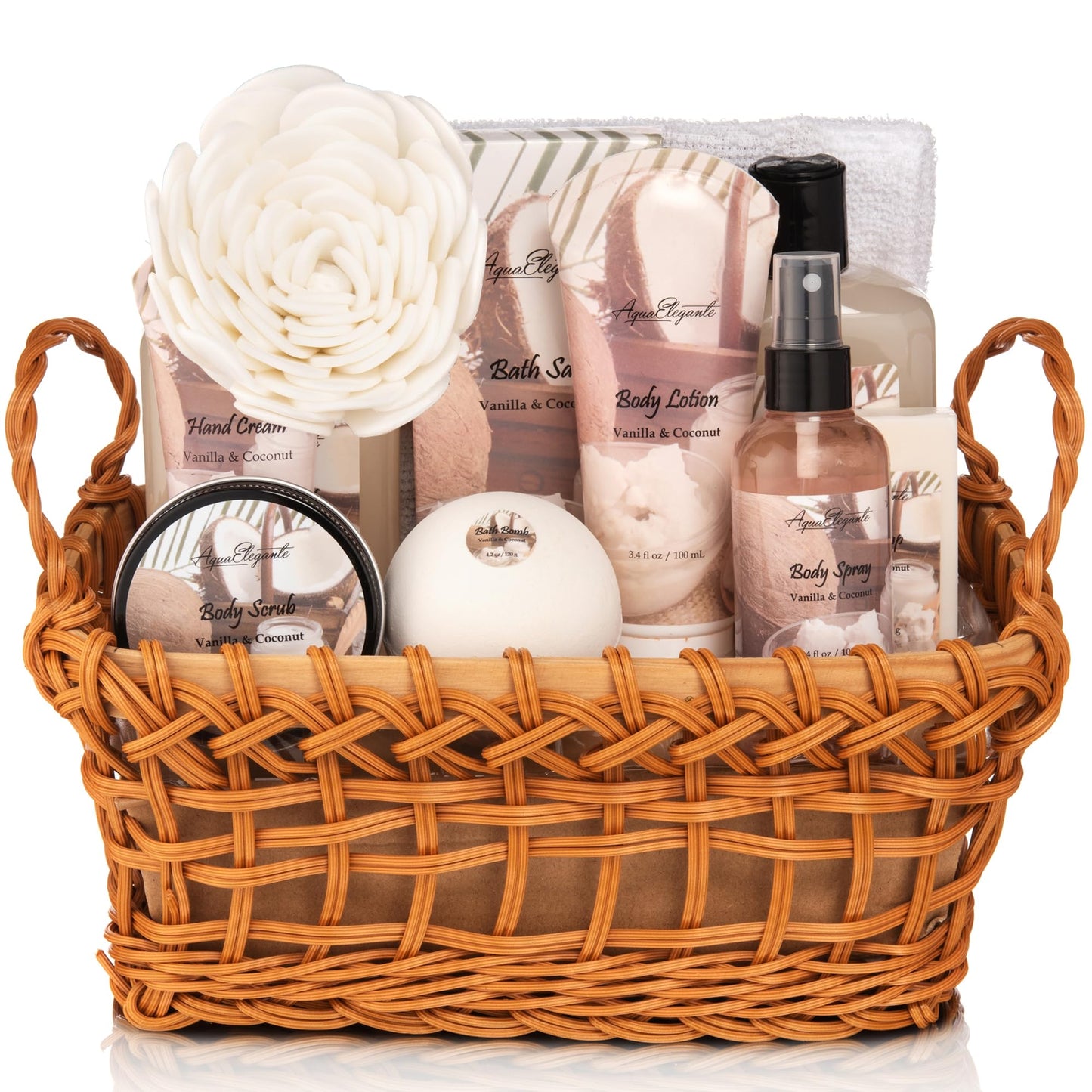 Aqua Elegante Spa Basket For Women - Deluxe Bath Set with Wash, Bubble Bath, Lotion, Salts, Body Scrub, Towel, Shower Puff, Bathbombs, Reusable Basket, Gifts for Mom, Wife, Her - Honey & Lavender