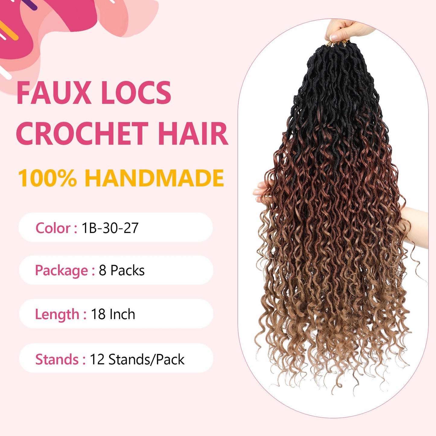 8 Packs Boho Faux Locs Crochet Hair 18 Inch Crochet Soft Locs with Curly Ends Pre-looped Goddess Locs Crochet Hair for Black Women 1B/30/27 Boho River Locs Crochet Hair