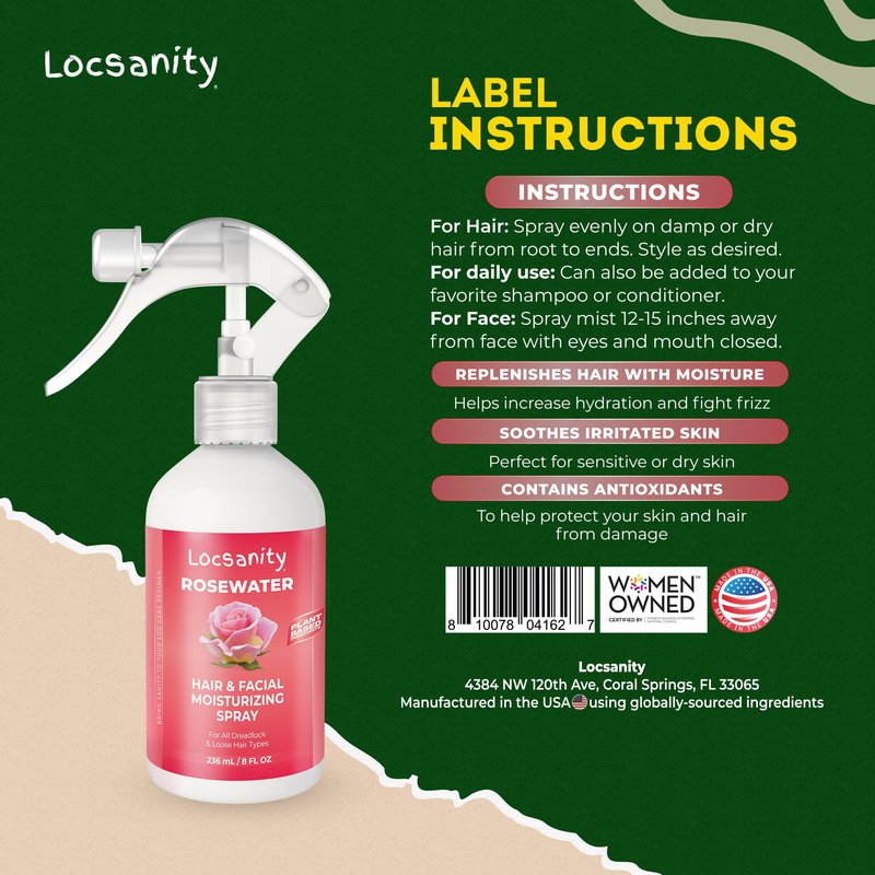 Locsanity Pure Rosewater Hair and Facial Spray – Regular Size Hydrating Face Mist to Soothe, Refresh, and Rejuvenate Skin, Reduce Oil and Buildup (8oz)