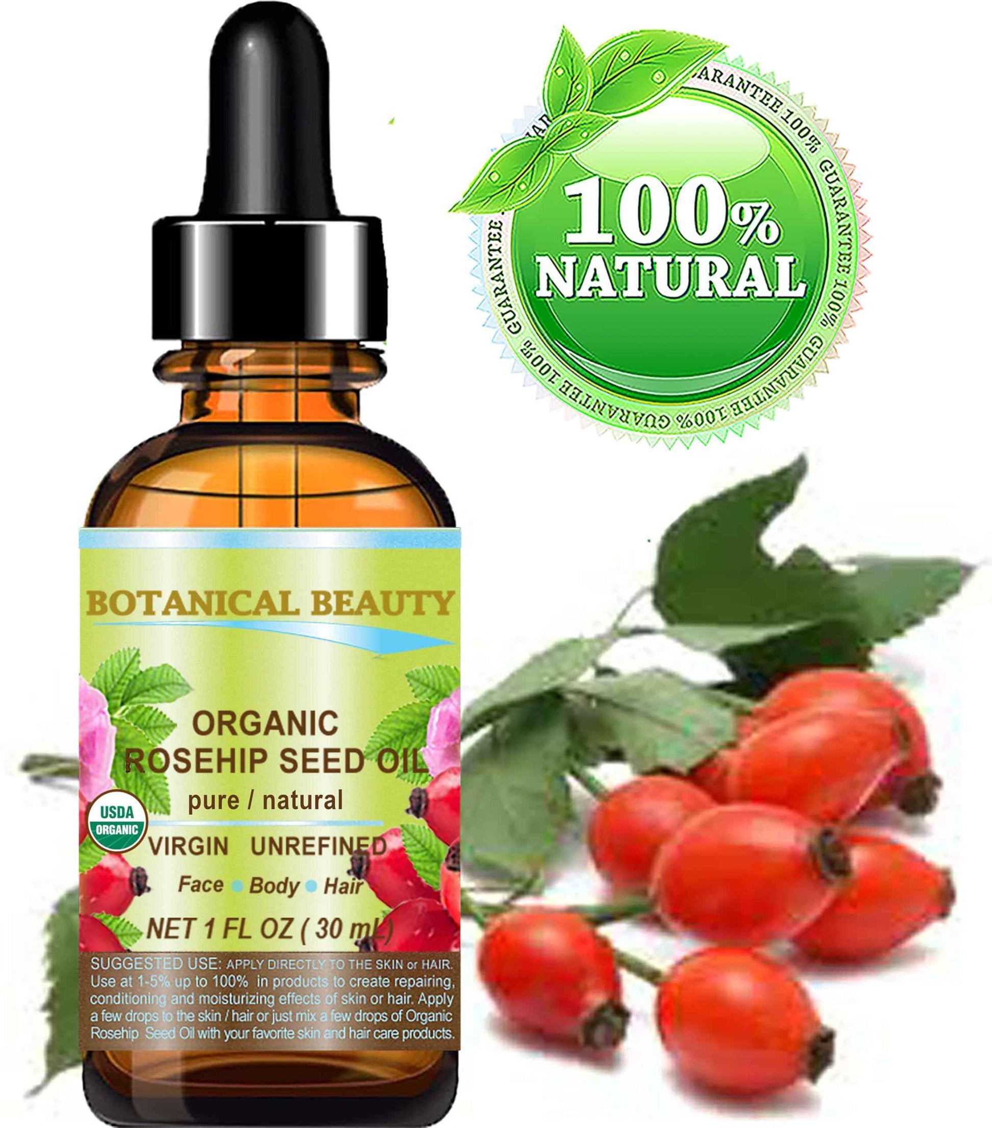 Botanical Beauty Organic ROSEHIP SEED OIL 100% Pure Natural Virgin Unrefined Cold-pressed Carrier Oil 1 Fl Oz 30 ml For Face, Skin, Body, Hair, Lip, Nails, Rich in vitamin C, Vitamin E, Anti-Aging