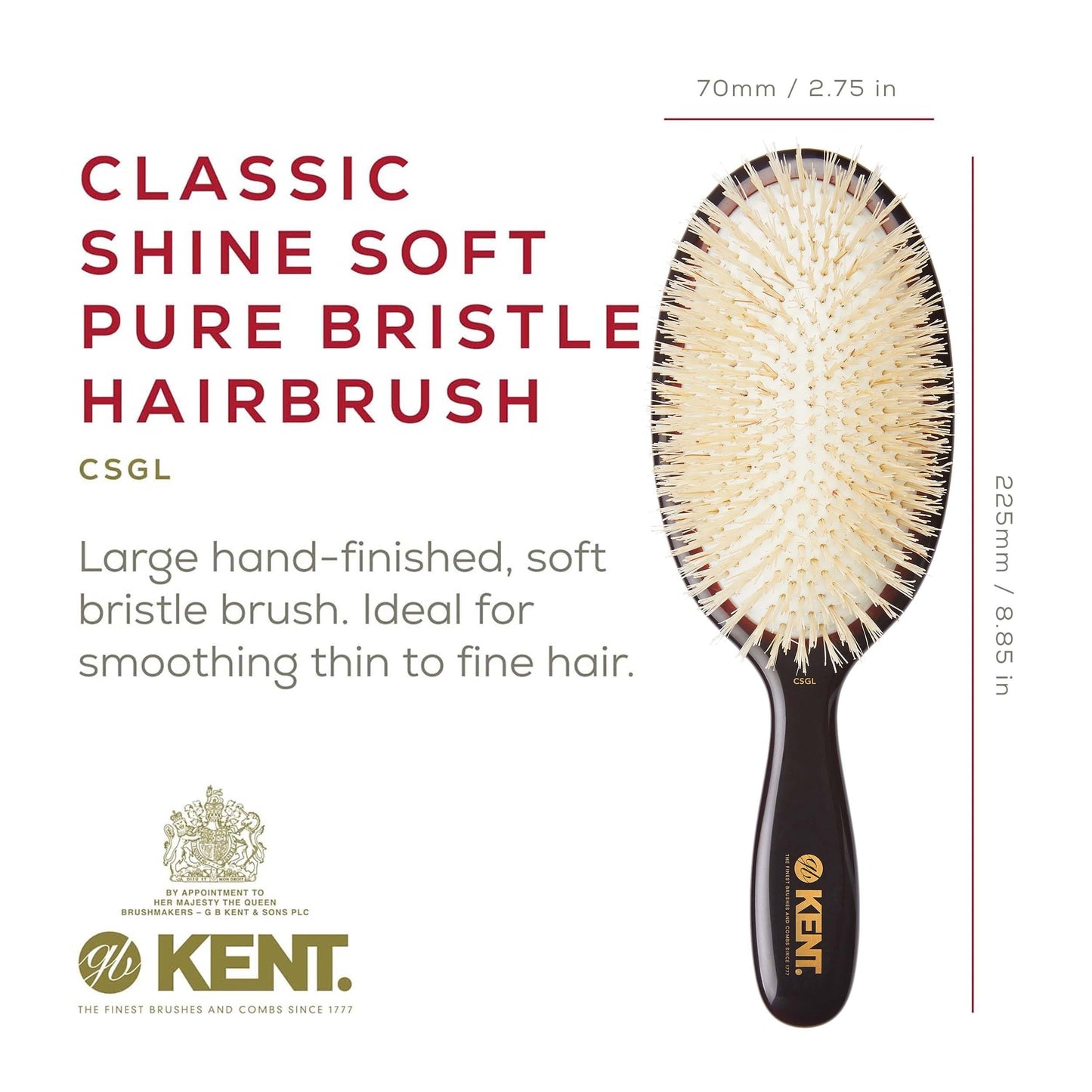 Kent CSGL 9" Large Oval Cushion Straightening Brush and Scalp Brush – Natural White Boar Bristles Hair Brush for Fine or Thinning Hair – Large Cushion Shine & Smoothing (+ Hair Brush Cleaner)