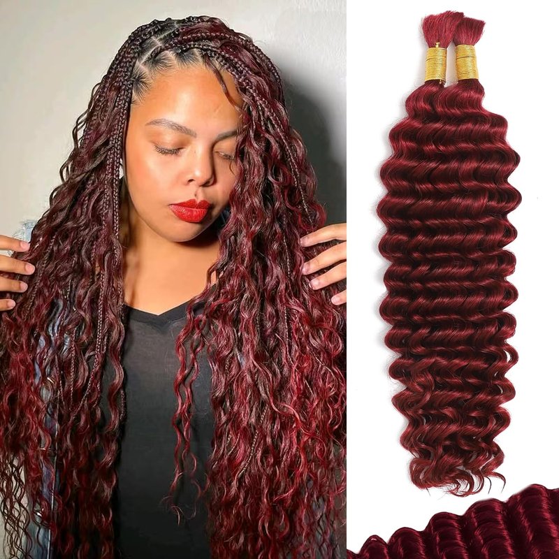 Human Braiding Hair for Boho Braids 18 Inch 110g 2 Bundles/Pack Deep Wave 12A Curly Brazilian Virgin Hair Extensions No Weft Knotless Bulk 1B Black (Deep Wave - 99j, 18 Inch - 110g)