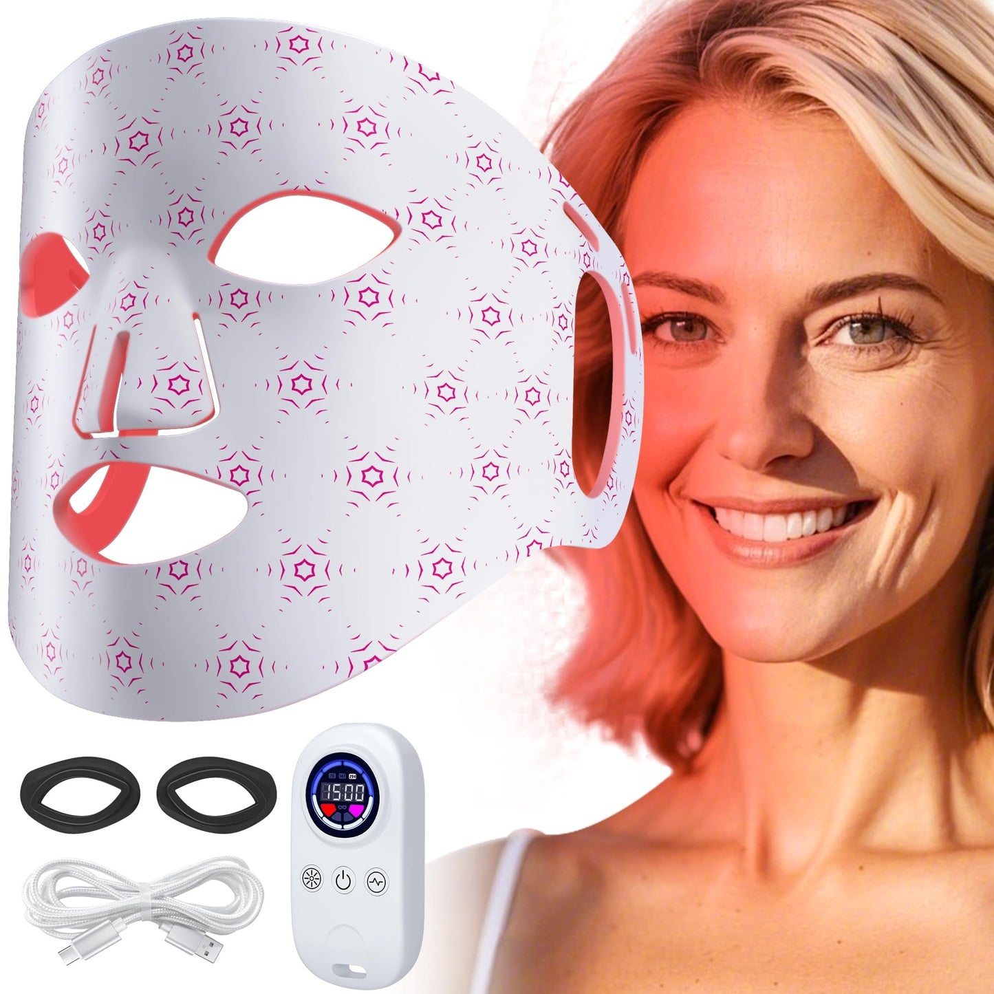 Red Light Mask for Face, Silicone Soft LED Face Mask with Remote, 660nm & 850nm Red Light Mask with Timing Function, Reduced Wrinkles, Anti-Aging, at Home (White)
